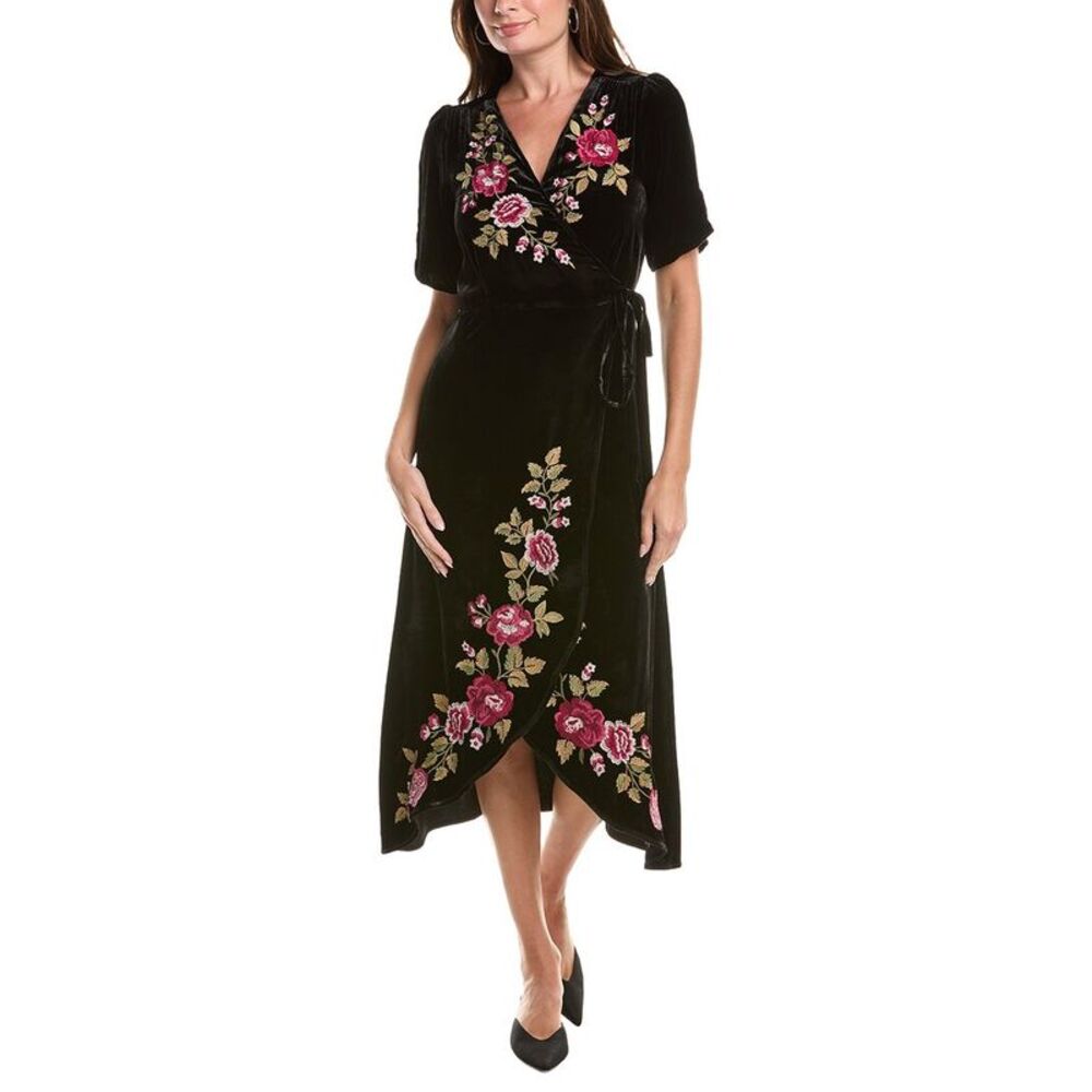 Johnny Was Womens  Mehdi Velvet Silk-Blend Wrap Dress, Black